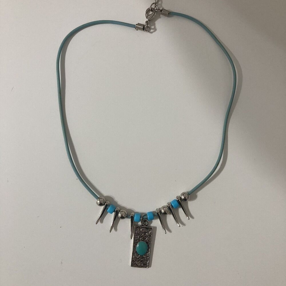 Blue Turquoise Bohemian Cord Statement Silver Tone Tooth Bead Rectangle Necklace